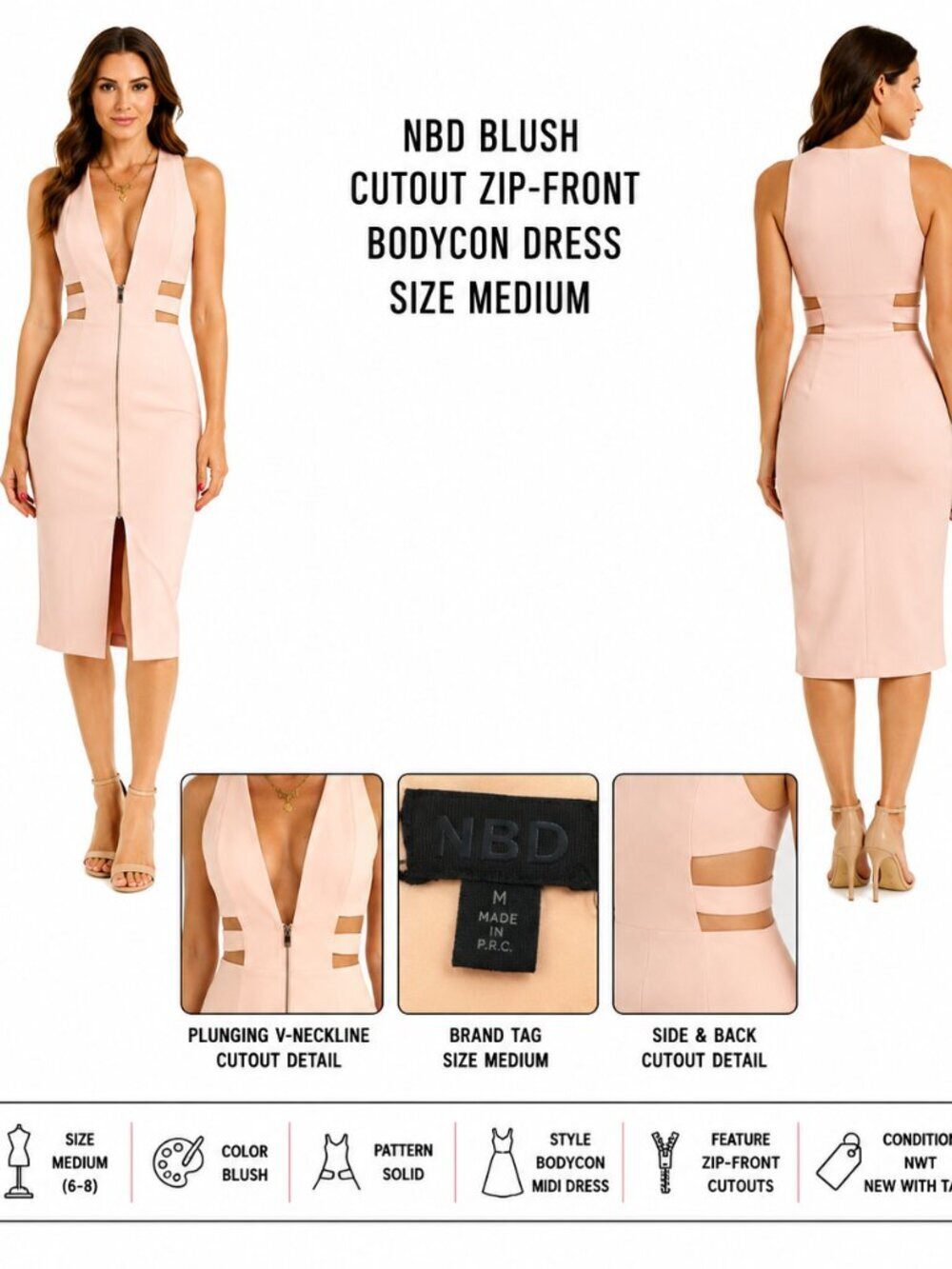 NBD BLUSH CUTOUT ZIP-FRONT BODYCON DRESS M NWT